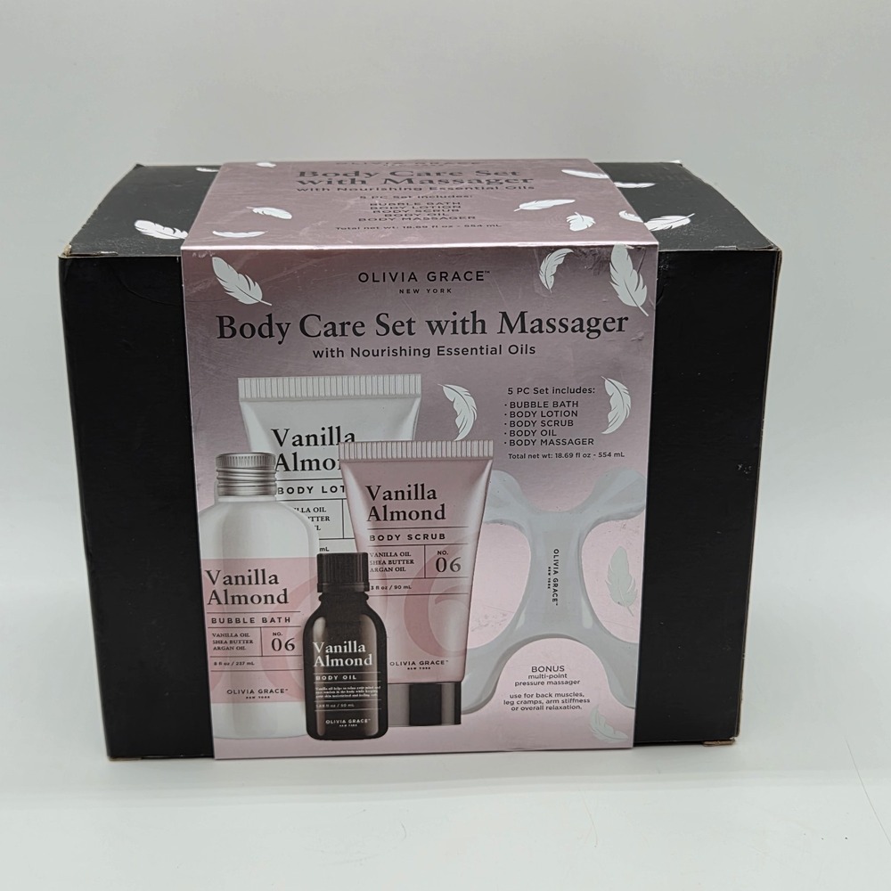Olivia Grace Body Care With Massager 5 PC Set Vanilla Almond Scented Collection